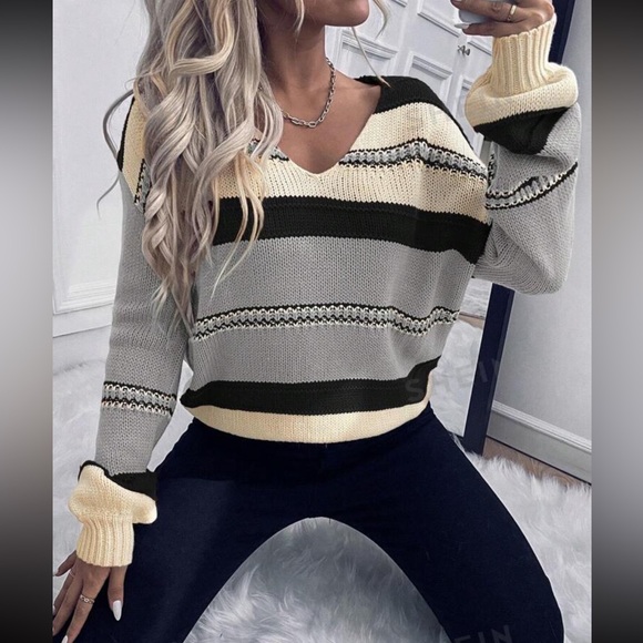 🍂 Autumn/Winter Casual Color Stripe Relaxed Sweater - Mocha/Bla… - Picture 4 of 8